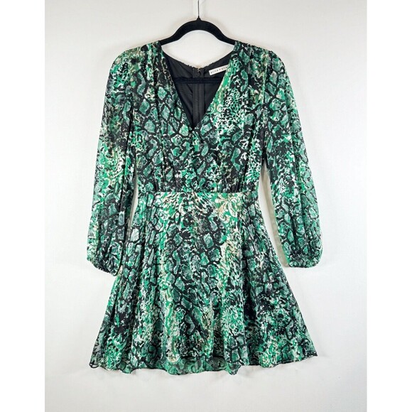 Alice Olivia Dress Green Rita Silk Mini Fit Flare Snakeskin V Neck A Line Size 4 - Picture 2 of 13